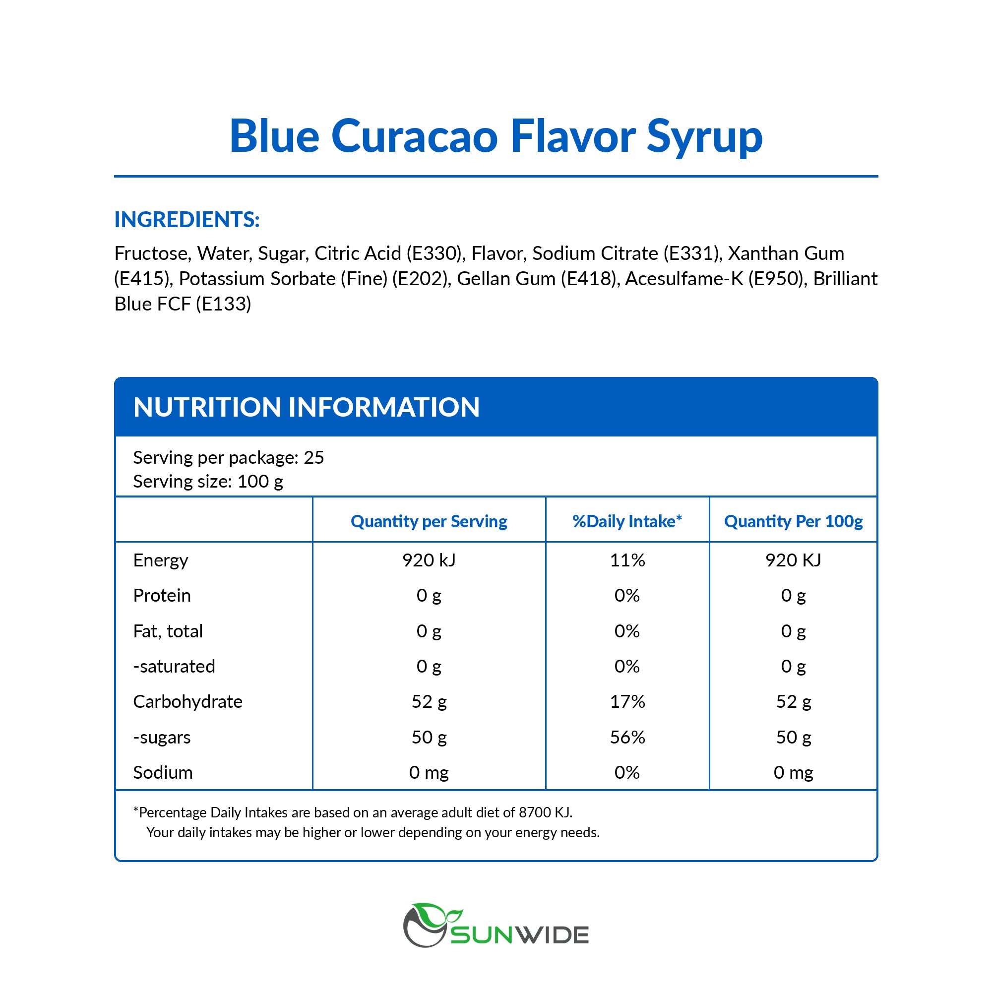 Blue Curacao Syrup 2.5kg (6 Btls/1 Carton)