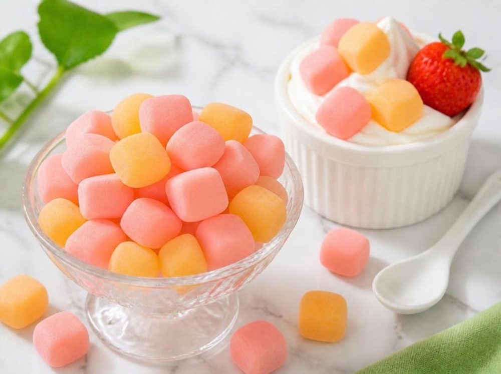 Strawberry and mango mini mochi in a glass dish beside frozen yoghurt