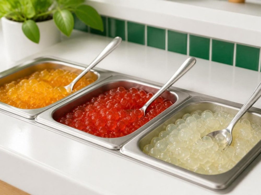 Popping pearls in several flavours on a froyo topping bar