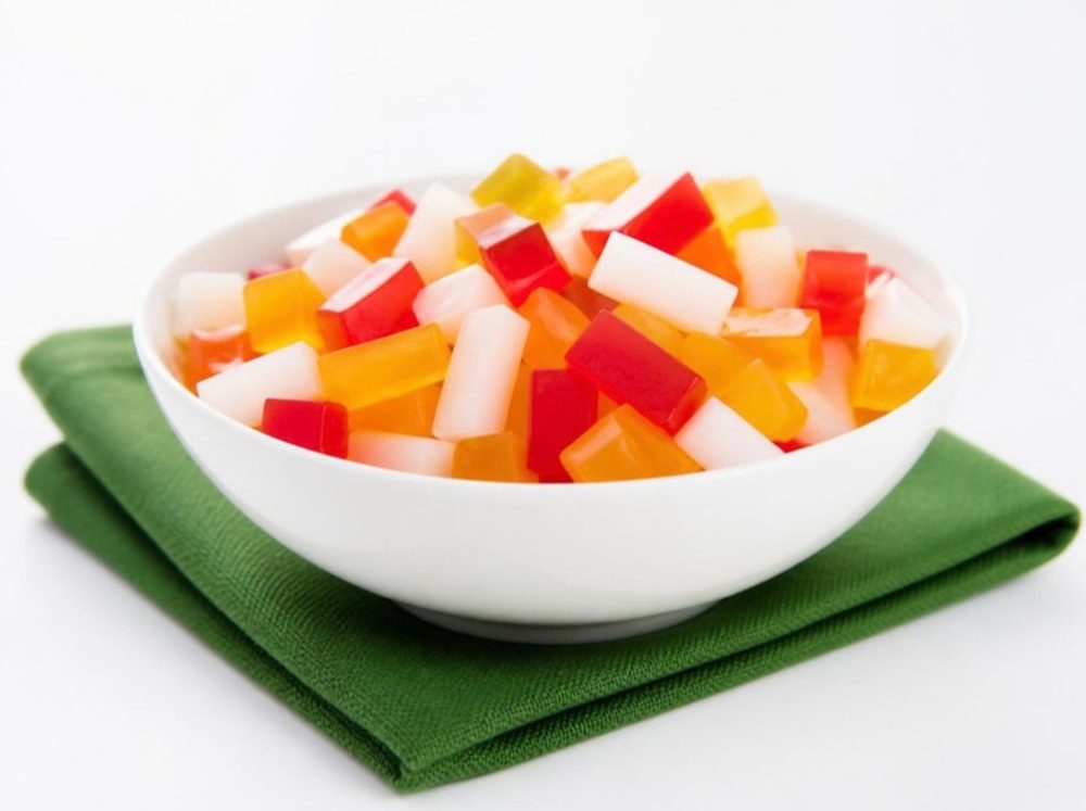 Bowl of rainbow jelly in red-orange, yellow and white pieces