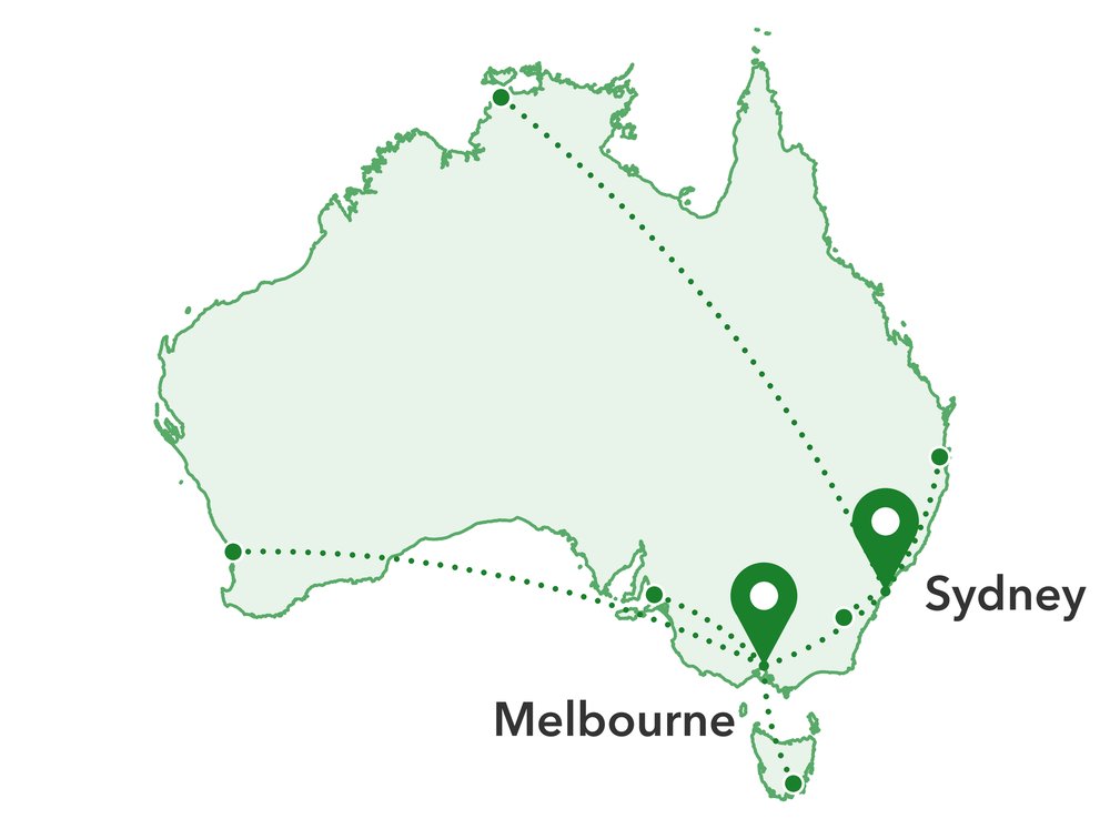 Map of Australia showing Sunwide stock in Melbourne and Sydney